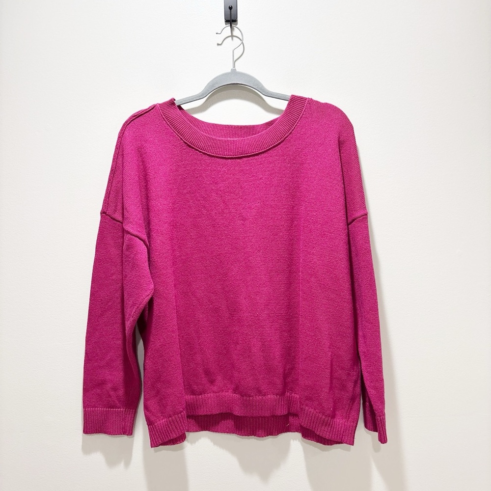 J. Jill Bright Fuchsia Crewneck Sweater Drop Shoulder Hem Cotton Blend Size L
